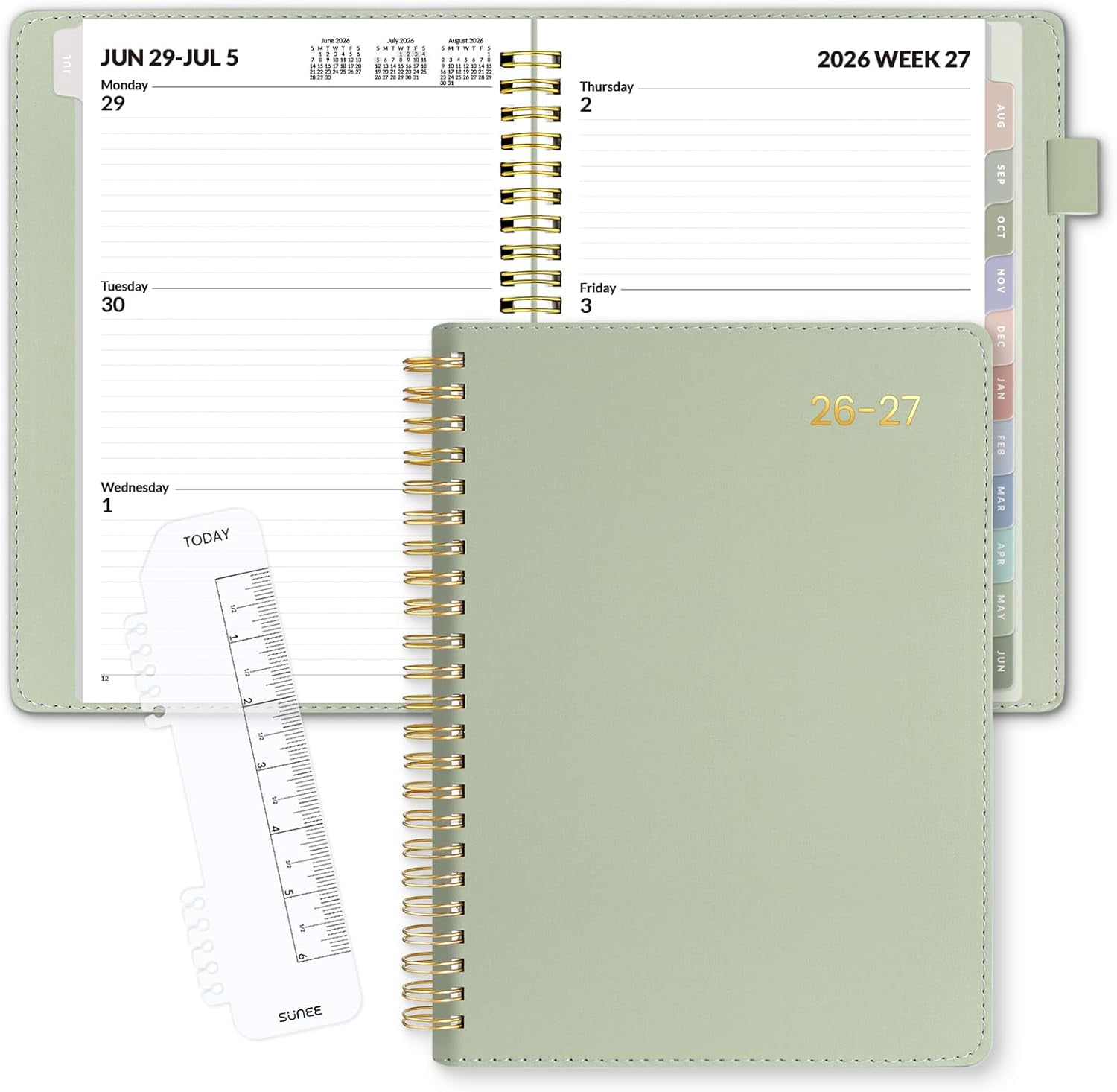 2026-2027 Weekly & Monthly Planner 6.4"x8.5" - 12 Month (July 2026 June 2027), Vegan Leather Cover Academic Year Calendar, Pocket, Notes, Tab, Green