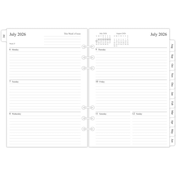 2026-2027 Weekly & Monthly Planner Refill for A5 Ring Binder, Jul 2026 to Jun 2027, A5 Size, 6 Holes