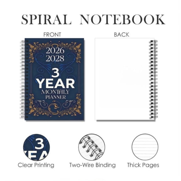 2026-2028 Monthly Planner, 3-Year Calendar & Goal Organizer, A5 Spiral Bound Journal with Elegant Navy & Gold Cover, 36-Month Long-Term Agenda for Professionals & Students - 8.3" x 5.5"