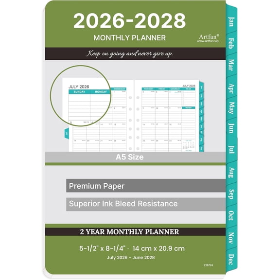 2026-2028 Monthly Planner Refill - Planner Inserts with 7-Hole Punched, 5-1/2" x 8-1/2", July 2026 to June 2028, Two Pages Per Month, 2026-2028 Calendar with Monthly Tabs