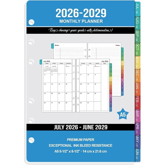 2026-2029 Monthly : 36 Months A5 Planner Inserts for 6-Ring Binder, Runs from July 2026 to June 2029, 6-Hole Punched Calendar Inserts 2026-2029 with Tabs, 5-3/4" x 8-1/4"