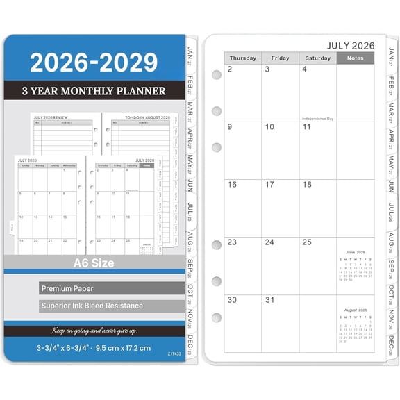 2026-2029 Planner Refills - A6 Planner Inserts with 6-Hole Punched, July 2026 - June 2029, 3 Year Monthly Planner Refills, 3-3/4" x 6-3/4", A6 Binder Inserts, 2026-2029 Monthly Planner with Tabs