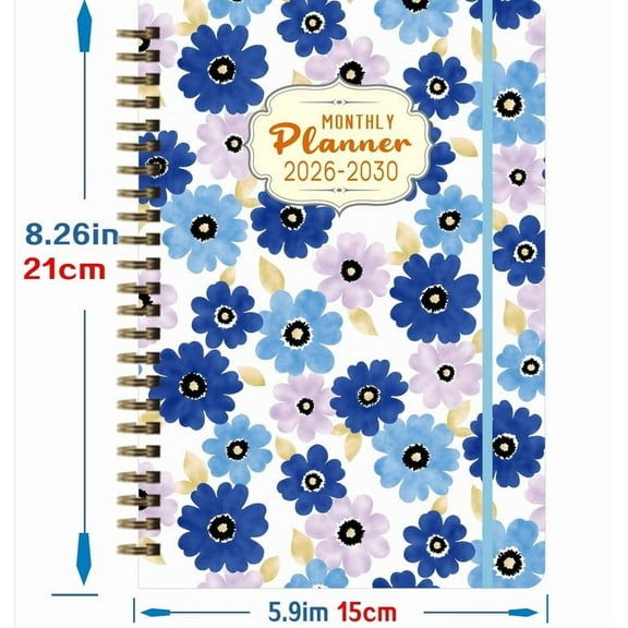 2026-2030 Monthly Planner - 5 Year Planner, 2026-2030 Monthly Calendar Planners Spiral Bound, Jan. 2026 - Dec. 2030, 8.3*5.9", Twin-Wire Binding + Tabs + Pocket - Flowers