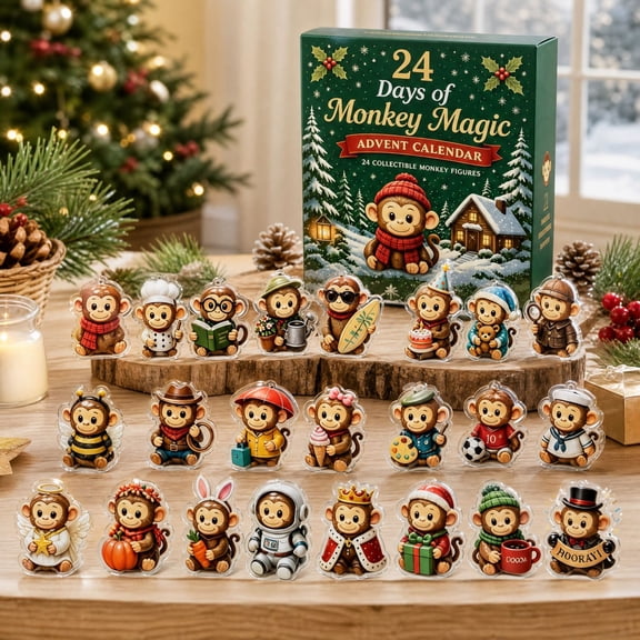 2026 24 Days of Monkey Magic Advent Calendar, 24Day Christmas Countdown Calendar with Assorted Creative Costume Monkey Acrylic Ornaments, Christmas Tree Hanging Decor Holiday Present