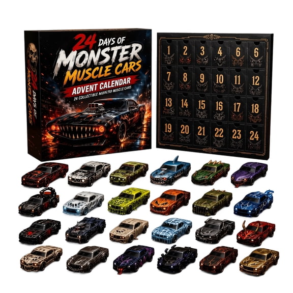 2026 24 Days of Monster Muscle Cars Advent Calendar, 24-Day Holiday Countdown Blind Box, Assorted Gothic Monster Muscle Car Statues, Tabletop Decor For Vehicle Fans Christmas Gifting