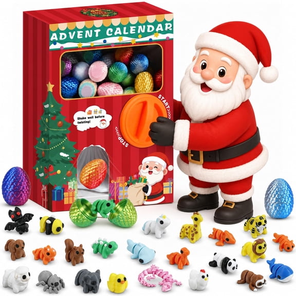 2026 24 Pcs 3D Printed Animals Advent Calendar with Capsule Vending Machine, Surprise Eggs Countdown, Christmas Gift for Kids