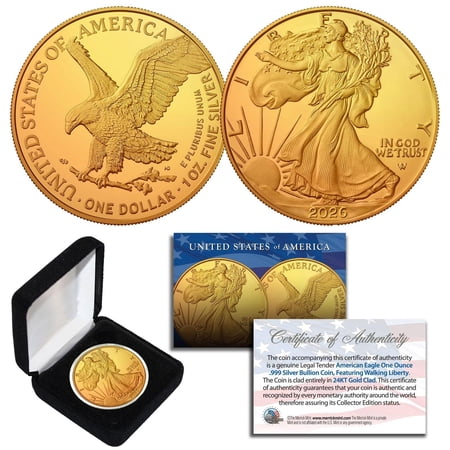 2026 - 24K Gold Plated 1 oz .999 Pure Silver American Eagle Coin with Box