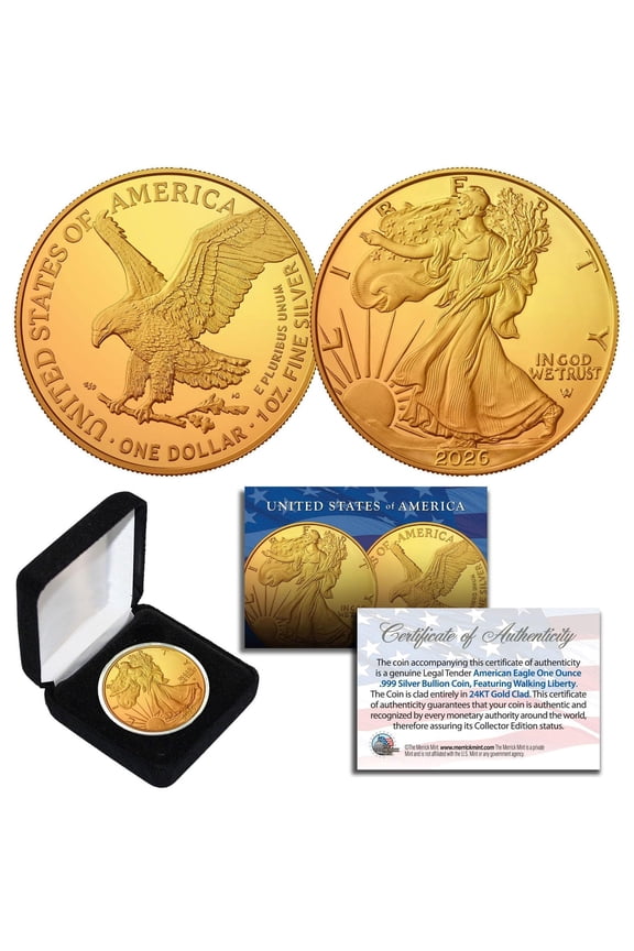 2026 - 24K Gold Plated 1 oz .999 Pure Silver American Eagle Coin with Box