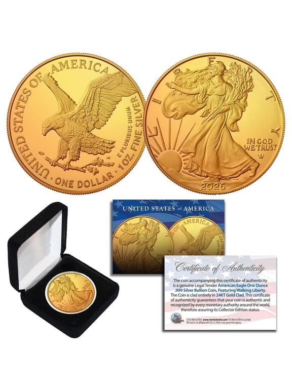 2026 - 24K Gold Plated 1 oz .999 Pure Silver American Eagle Coin with Box