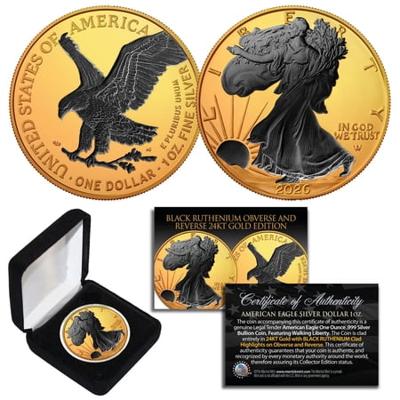 2026 - 24K Gold Plated Coin with Black Ruthenium Highlights 1 oz .999 Pure Silver American Eagle with Box