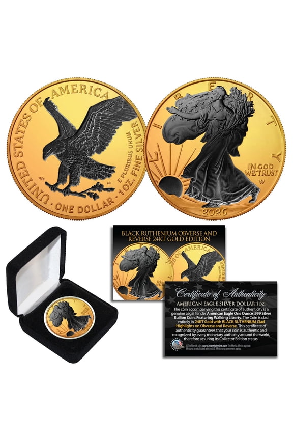 2026 - 24K Gold Plated Coin with Black Ruthenium Highlights 1 oz .999 Pure Silver American Eagle with Box
