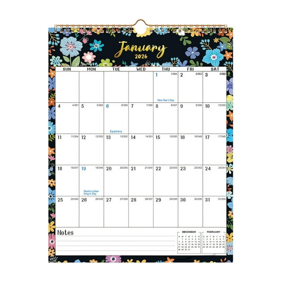 2026-27 Floral Wall Calendar (11x14in), Thick Paper Yearly Planning Calendar With Public Holidays + Notes Section, Stylish Home Office Organizer