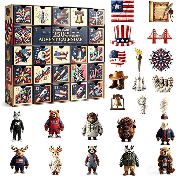 2026 2D American 250th Independence Day Anniversary Advent Arrival Countdown Calendar, Patriotic Theme Surprise Blind Box Set, Creative Festival Birthday Souvenir Gifts Ideal for Adult Friends
