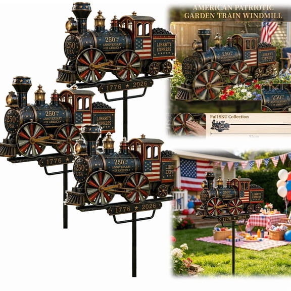 2026 2D Garden Train Wind Spinner, 250th Anniversary Train Yard Stake, Liberty Express Metal Wind Sculpture, Patriotic Rotatable Windmill Stake for Outdoor Yard Lawn 3pcs