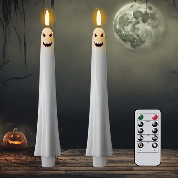 2026 2PCS Halloween Ghost Themed Flameless Taper Candle with Remote Timer Battery-Operated White LED Candles with Spooky Ghost Faces