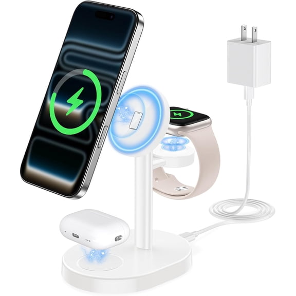 2026 3 in 1 Wireless Charging Station for Apple MagSafe Charger, 15W Fast Mag-Safe Charger Stand for iPhone 17 16 15 14 13 12 17e Apple Watch AirPods Compatible with MagSafe, White