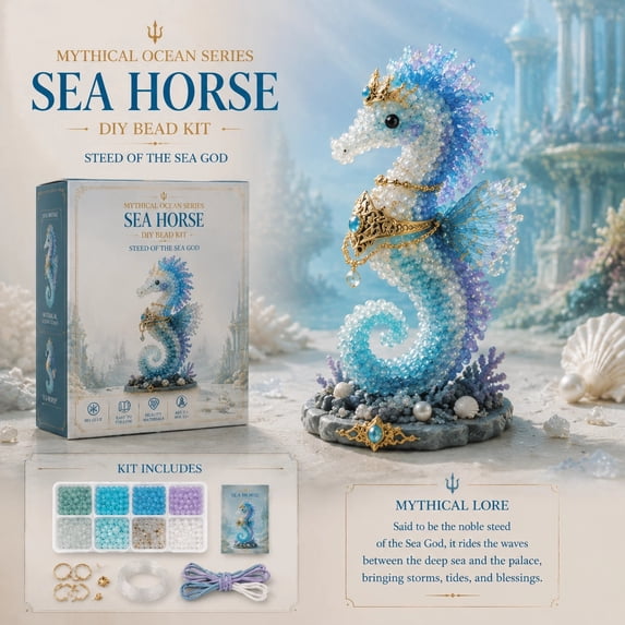 2026 3D Beaded Animals Making Kit, Mythical Guardian DIY Bead Kit with Beads, Thread, Charms and Base, Complete Craft Set for Beginners, Perfect for Desk Shelf Home Decoration (Sea Horse)
