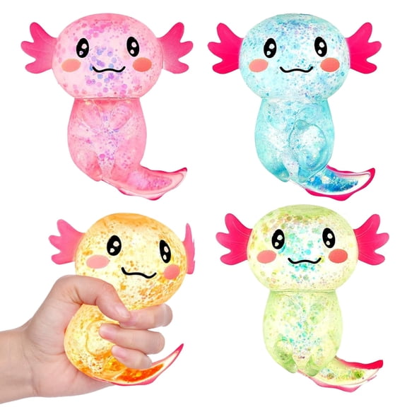 2026 4 Pcs Giant Glitter Axolotl Squishy - 3.7 inch Axolotl Squishy Sugar Stress Ball,Stress Relief Malt Sugar Filled Squeeze Axolotl,Taba Squishies Squeeze Axolotl Gifts