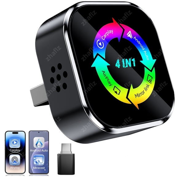 2026 4in1 Airplay Mirror Link Wireless CarPlay Adapter, Wired to Wireless for Apple CarPlay & Android Auto, Mini USB Design Car Play Adapter with Type-C