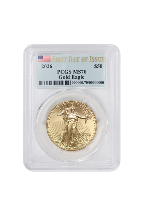 2026 $50 Gold Eagle PCGS MS70 First Day of Issue Flag Label U.S. Mint Coin