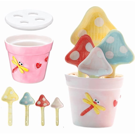 2026 5Pcs Ceramic Measuring Spoons in Pot, Mushroom Shape Baking Measuring Spoons and Cup Decorative Mushroom Figurine Measuring Spoon Set for Baking, Milk, Sugar, Salt Mushroom