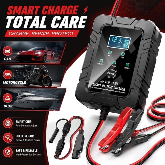 2026 6V 12V Pulse Battery Desulfator, Smart Battery Charger Maintainer, Automatic Repair Charger with LED Display for Car Motorcycle 1PCS