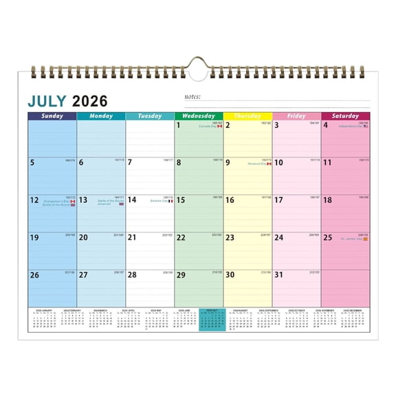 2026.7-2027.12 English Wall Calendar 18-Month Multi-Country Holidays Thick Paper Large Grid for Home Office Classroom Planning B