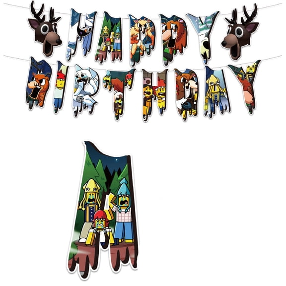 2026 99 Nights in The Forest Birthday Theme Party Decoration Set - Pull Flag Cake Insert Balloons Set Party Decoration