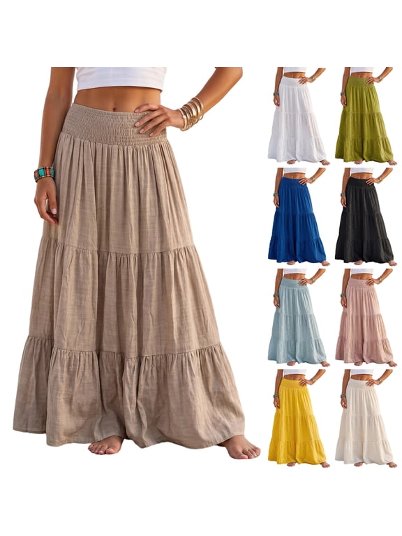 A Line Pleated Skirt Women Cotton Linen High Waisted Summer Boho Maxi Skirts Shirred Tiered Flowy Long Skirt