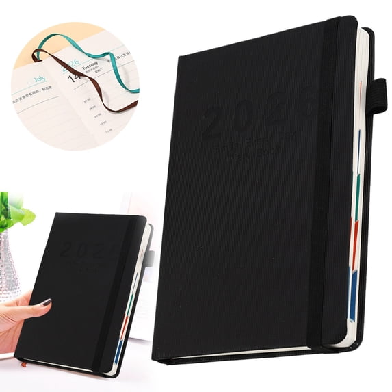 2026 A5 Planner Notebook, Annual Calendar Notebook, Compact Hardcover Diary with Elastic Band, Agenda Appointment Book, Secure Binding Journal for Daily, Weekly & Monthly Planning, Black