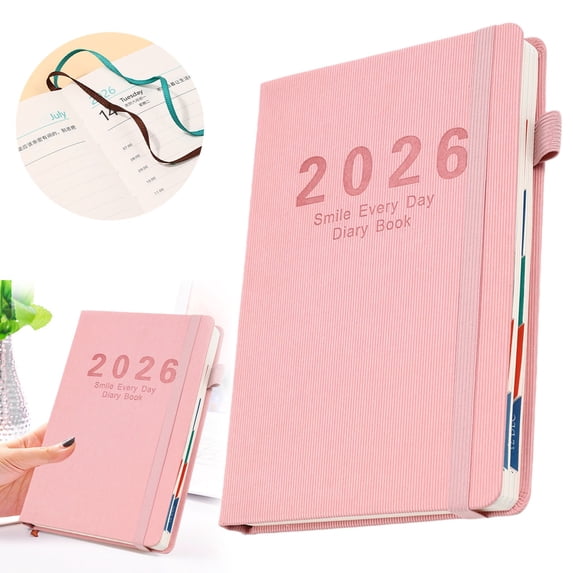 2026 A5 Planner Notebook, Annual Calendar Notebook, Compact Hardcover Diary with Elastic Band, Agenda Appointment Book, Secure Binding Journal for Daily, Weekly & Monthly Planning, Pink