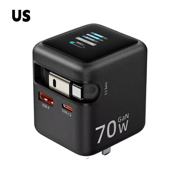 2026 AI Smart 70W GaN Fast Charger with Built-in 2.7ft Retractable USB-C Cable, TFT Touch Screen Power Display, 3-Port PD Desktop Charging Station for iPhone, MacBook, iPad - Black (US Plug)