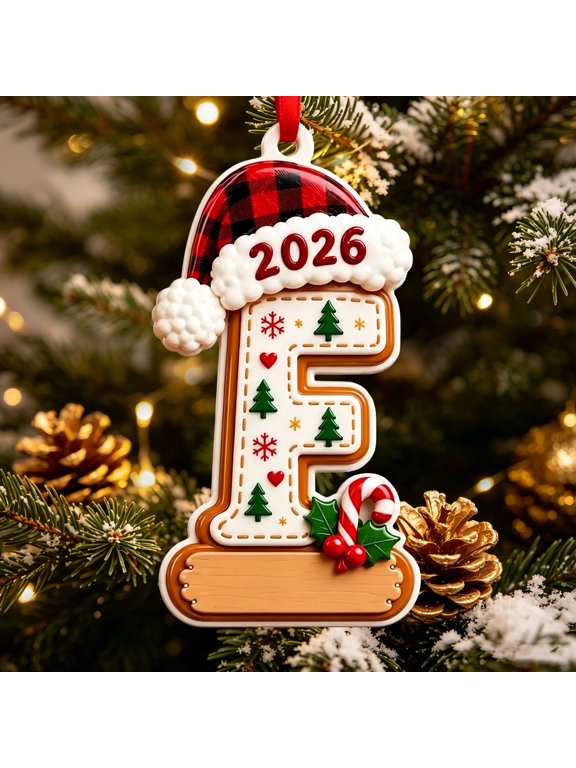 2026 Acrylic Christmas Letter Ornament, Flat Gingerbread Inspired Initial with Santa Hat, Individual Letter Personalizes Holiday Branches, for Christmas Trees, Gifts, Letter F, 1 pc, 3.15 in