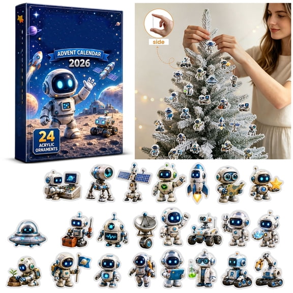 2026 Advent Calendar with 24 Acrylic Space Themed Ornaments, 24-Piece Astronaut and Robot Design, for Kids and Boys, Countdown Calendar and Hanging Decorations