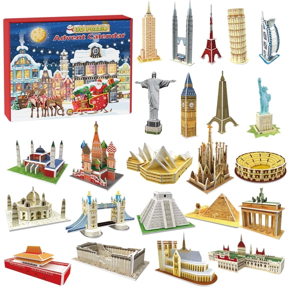 2026 Advent Calendar 24 Mini 3D World Landmark Puzzles Cardboard Kids Gift