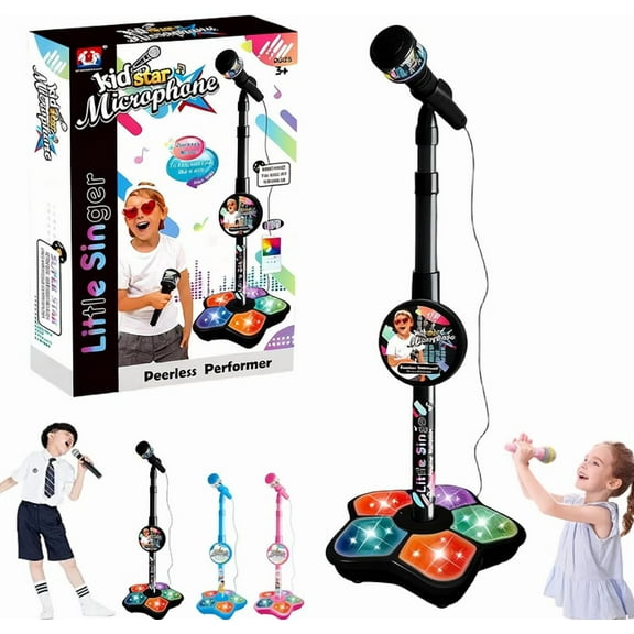 2026 All-in-One Star Karaoke Microphone – Adjustable Height Stand, Bluetooth, LED Lights & Echo, Portable Singing Device for Holiday Gifting Black