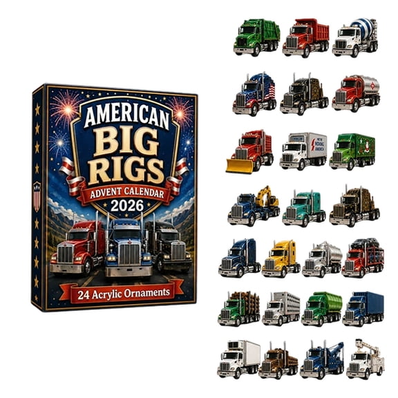 2026 American Big Rigs Advent Calendar, 24 Acrylic Semi Truck Ornaments, 24 Days Christmas Countdown, Heavy Duty Truck Themed Holiday Decor Gift for Truck Enthusiasts