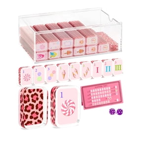 2026 American Mahjong Set 160 Tiles 1.4" Acrylic Pink Leopard Print with Storage Case & Instruction for Adults Beginners Family Game