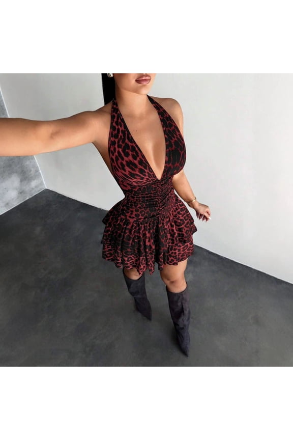 2026 American retro leopard print sexy hot girl backless lace-up slim-fit short dress