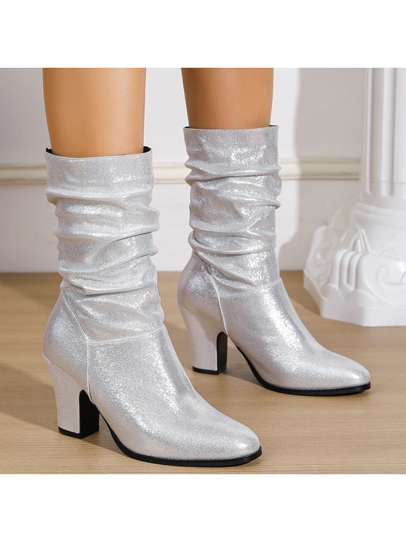 2026 And Winter Pile Boots Pointed High Heels Short Boots For Women Thick Heels Slim Boots Midsole Versatile And Fashionable