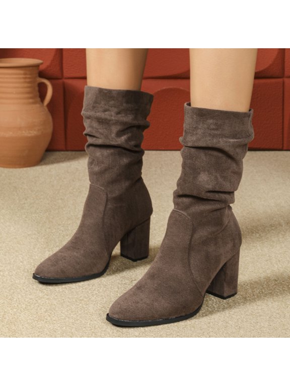 2026 And Winter Pile Boots Pointed High Heels Short Boots For Women Thick Heels Slim Boots Midsole Versatile And Fashionable