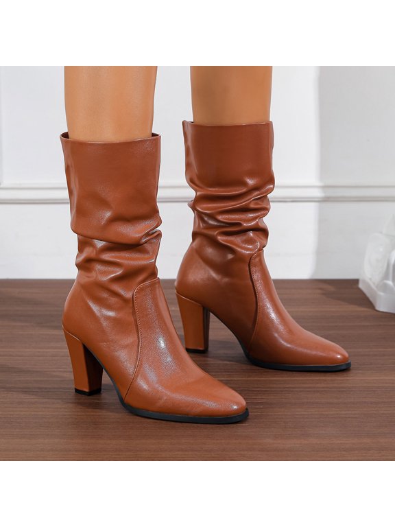 2026 And Winter Pile Boots Pointed High Heels Short Boots For Women Thick Heels Slim Boots Midsole Versatile And Fashionable