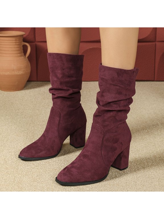 2026 And Winter Pile Boots Pointed High Heels Short Boots For Women Thick Heels Slim Boots Midsole Versatile And Fashionable