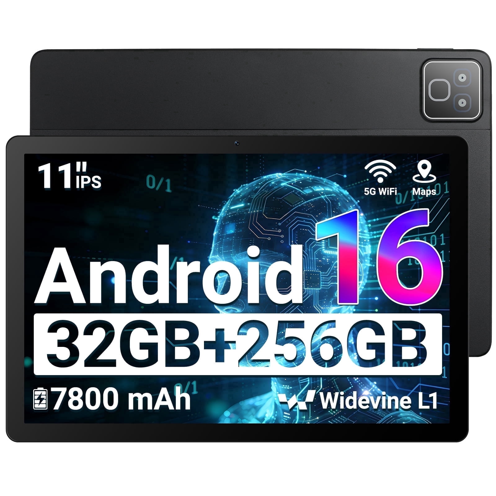2026 Android 16 Tablet 11inch, Face Unlock, 32GB+256GB+1TB Expand, Octa-core CPU, 7800mAh Large Battery, WiFi6, Touchscreen Display, Widevine L1,Black