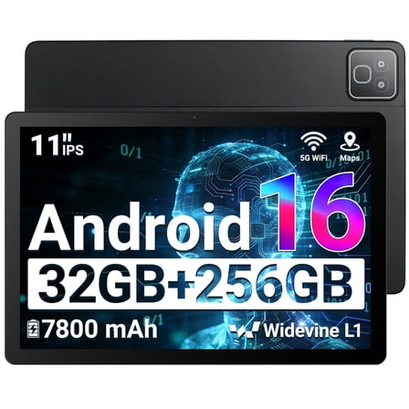 2026 Android 16 Tablet 11inch, Face Unlock, 32GB+256GB+1TB Expand, Octa-core CPU, 7800mAh Large Battery, WiFi6, Touchscreen Display, Widevine L1,Black