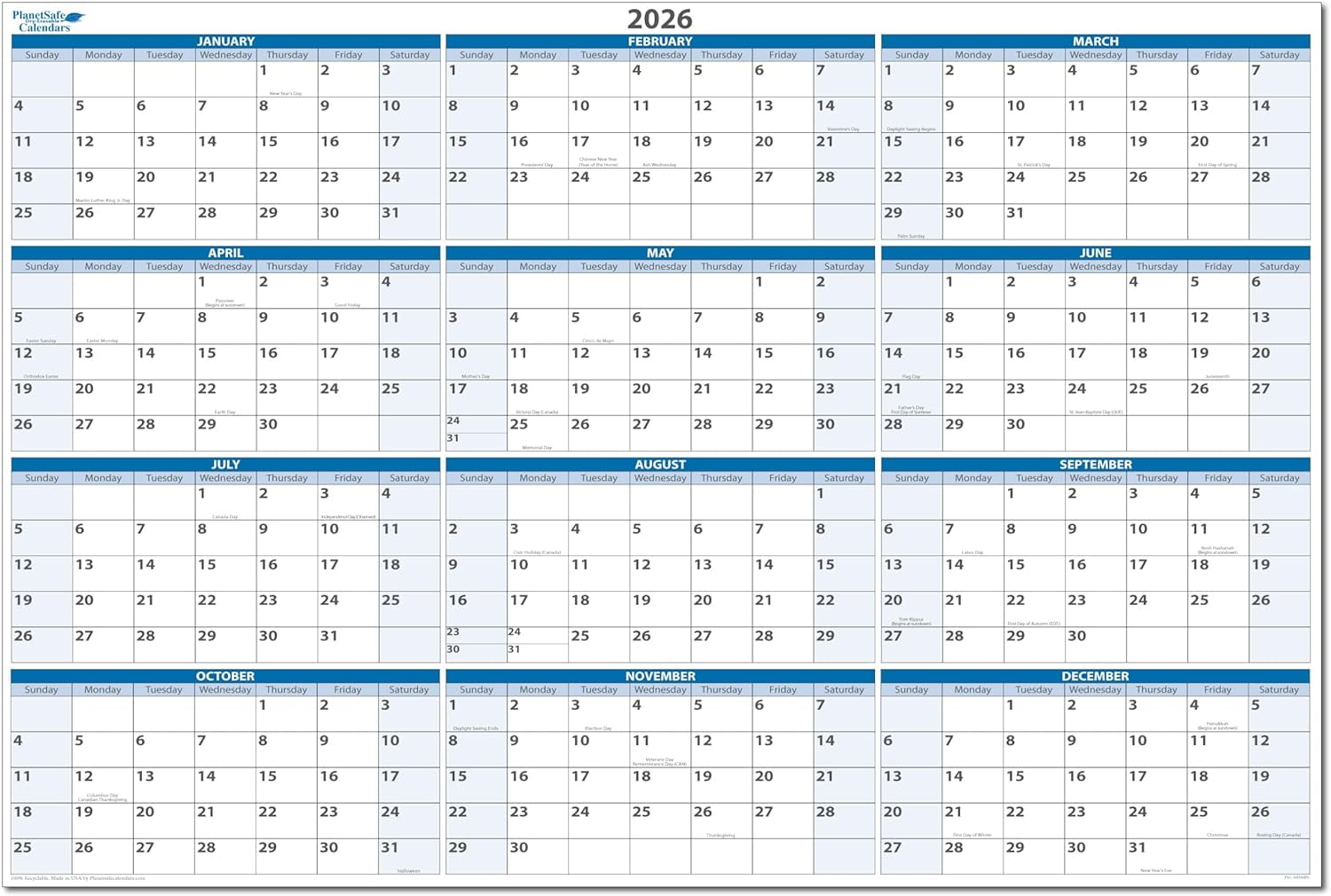 2026 Annual 32" tall x 48" wide 12Month Horizontal Sky Blue Wet & Dry