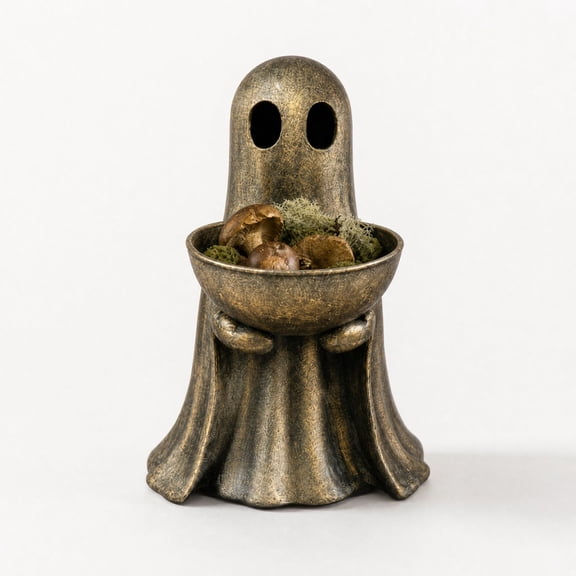 2026 Antique Gold Finish Standing Ghost with Bowl, Vintage Tone Holiday Figurine, Decor Bowl for Treats and Small Item Storage 1PCS