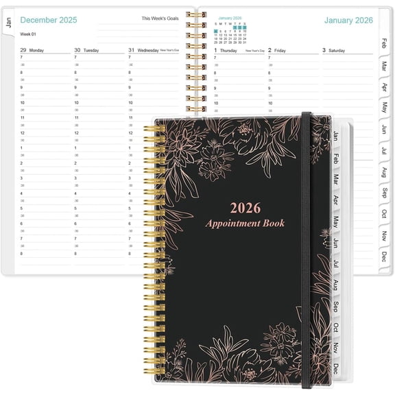 2026 Appointment Book - 2026 Daily Hourly Planner from January 2026 - December 2026,12 Monthly Tabs, Inner Pocket, 6.4" x 8.5", Black Flower