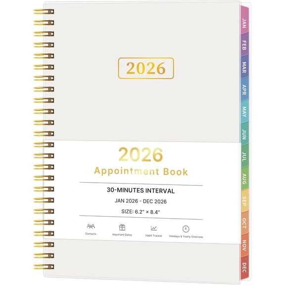 2026 Appointment Book, 30 Minutes-Hourly, Weekly Monthly Calendar Planner 2026, Jan 2026 - Dec 2026, 6.2'' x 8.4'', 2026 Daily Planner with Tabs Pocket, Flexible Cover, Great for Office, Home, Sch