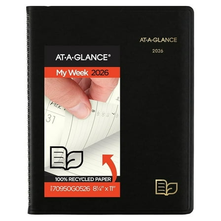 2026 Appointment Book Planner, Weekly & Monthly, 8-1/4" x 11", Large, Quarter-Hourly, Recycled, Black (70950G0526)